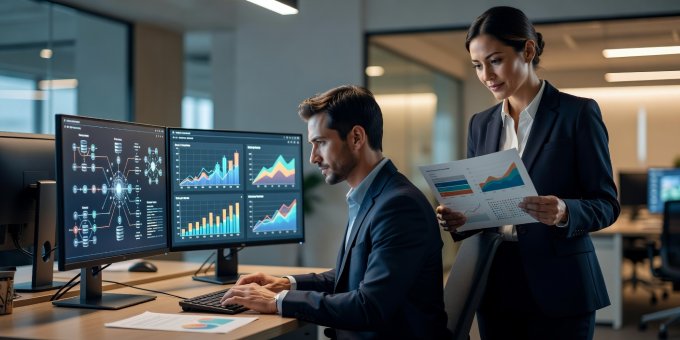A data analyst verifying relational SQL queries and dashboard metrics on dual computer monitors