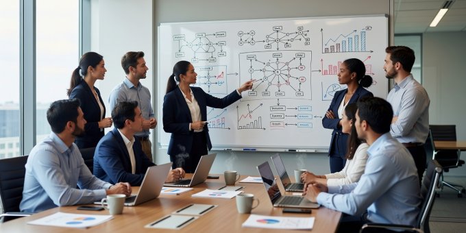 A professional project group examining quarterly operational priorities and resource allocation
