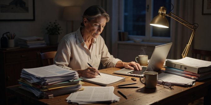 A professional reviewing course documentation at an evening desk with notebook and laptop